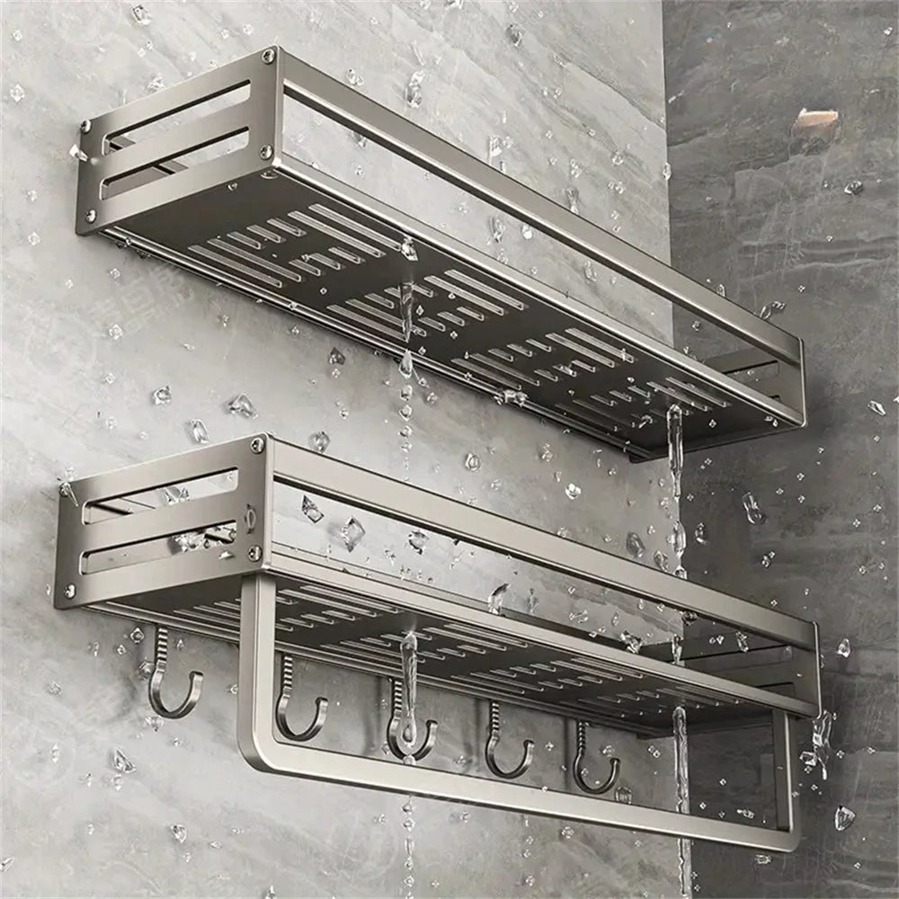 Wandmontiertes Gewürzregal aus Aluminium, multifunktionales Gegenstandsregal, Küchenutensilien, Haken, Aufbewahrungsregal für Küchengewürze