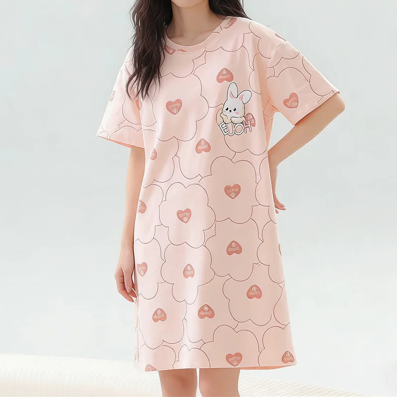 Damen Übergrößen-Pyjama Kurzärmeliges Nachthemd Cartoon-Bär Langer Studenten-Bademantel Hasen-Maxirock Loungewear Mädchenkleid