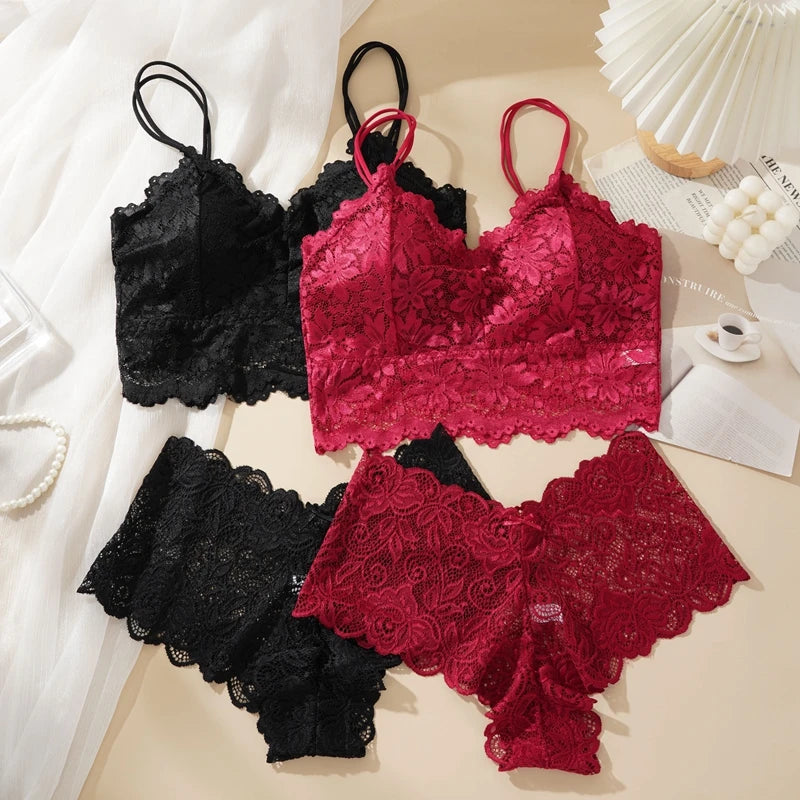Damen Sexy Spitzen-BH-Set Einfarbiges Set Schöner Rückenausschnitt Ohne Stahlring Unterwäsche Mit Spitzenblumen Atmungsaktive Slips