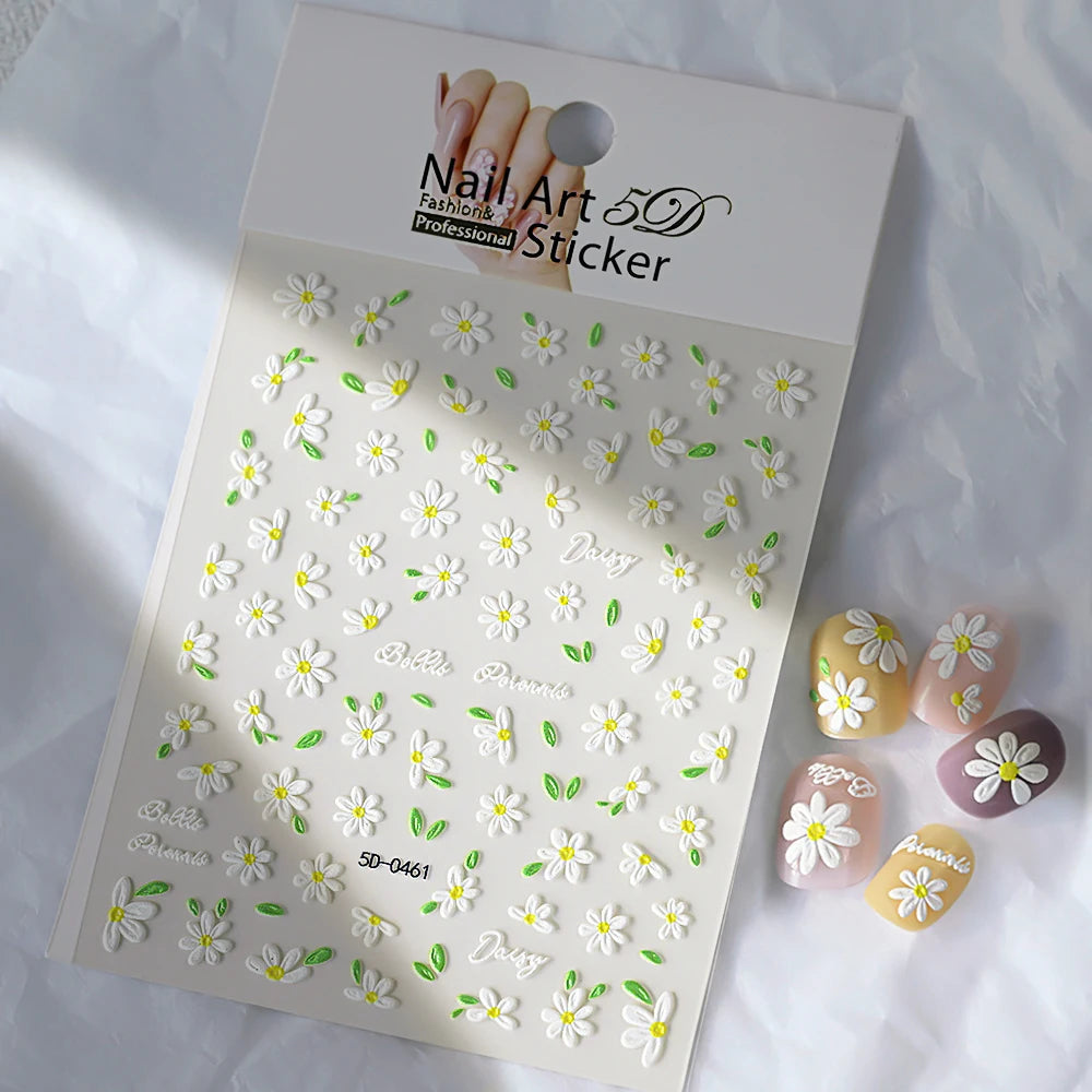 5D süße weiße Gänseblümchen Nagelaufkleber Kawaii Blume grünes Blatt Gänseblümchen japanische Nail Art Dekorationen Abziehbilder DIY Maniküre Zubehör # 9