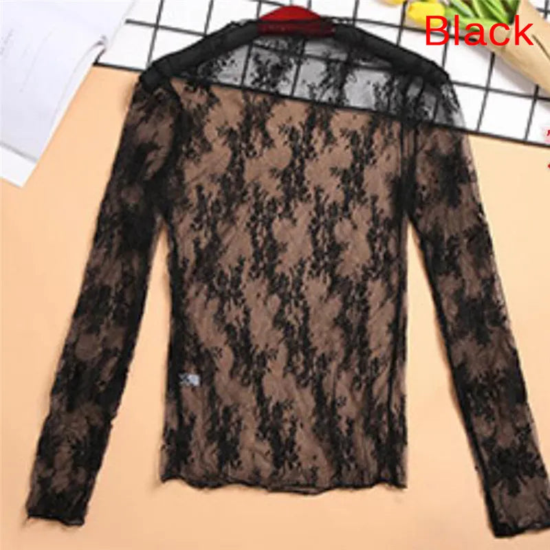 Elegantes transparentes T-Shirt sexy Langarm Mesh Tüll durchsichtiges Oberteil