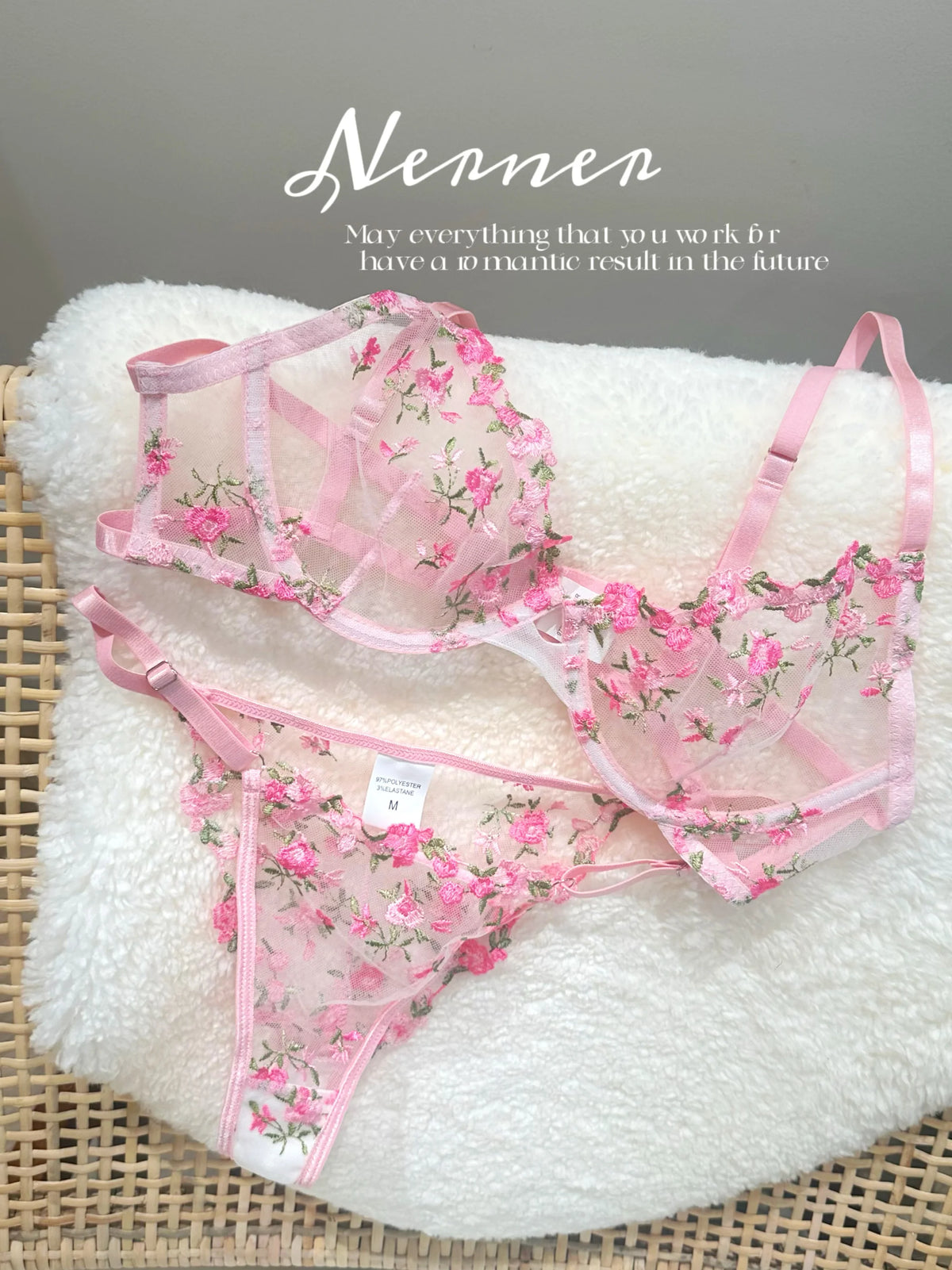 Kawaii japanisches Dessous-Set aus transparentem Tüll, rosa Blumenstickerei-BH, Bralette, reines passendes Set, BANERDANNI Tushy-BHs