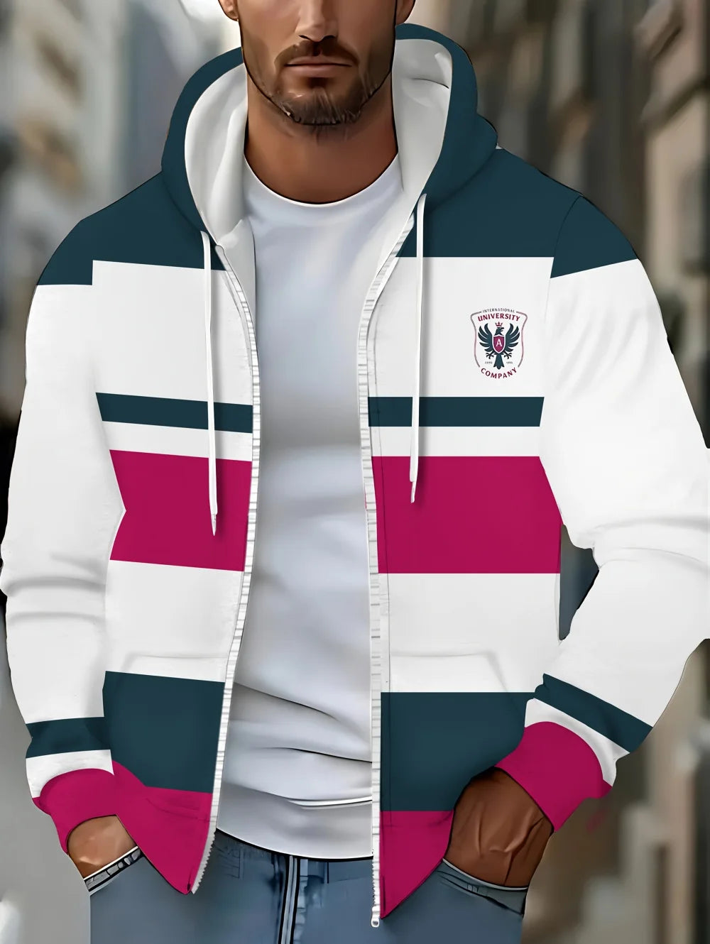 Lässiges, gestreiftes Herren-Sweatshirt mit Kapuze und durchgehendem Reißverschluss, Outdoor-Kleidung, glatte Kapuzentaschen mit Kordelzug, einfache gestreifte Sportbekleidung für Herren