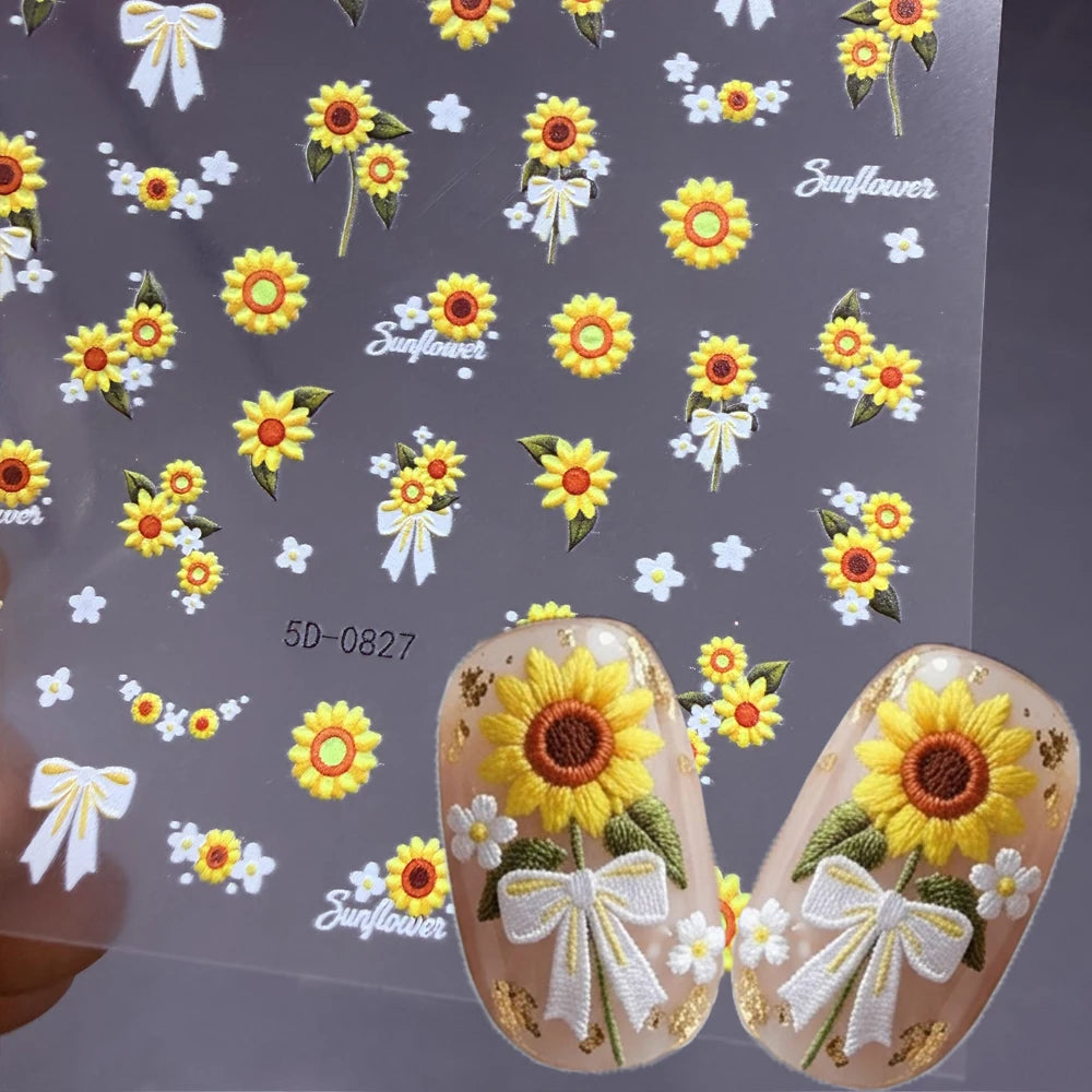 1 Stück 5D Geprägter Sonnenblumen-Nagelaufkleber Weißes Schleifenband Gelbe Gänseblümchen Blumengirlande Nagelsticker DIY Frühling Sommer Maniküre Deko