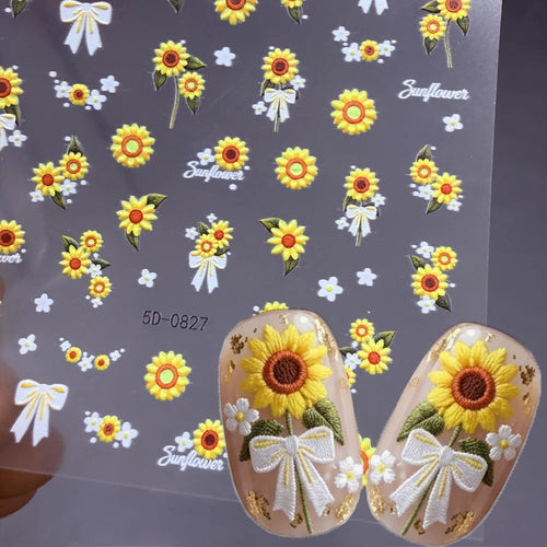 1 Stück 5D Geprägter Sonnenblumen-Nagelaufkleber Weißes Schleifenband Gelbe Gänseblümchen Blumengirlande Nagelsticker DIY Frühling Sommer Maniküre Deko