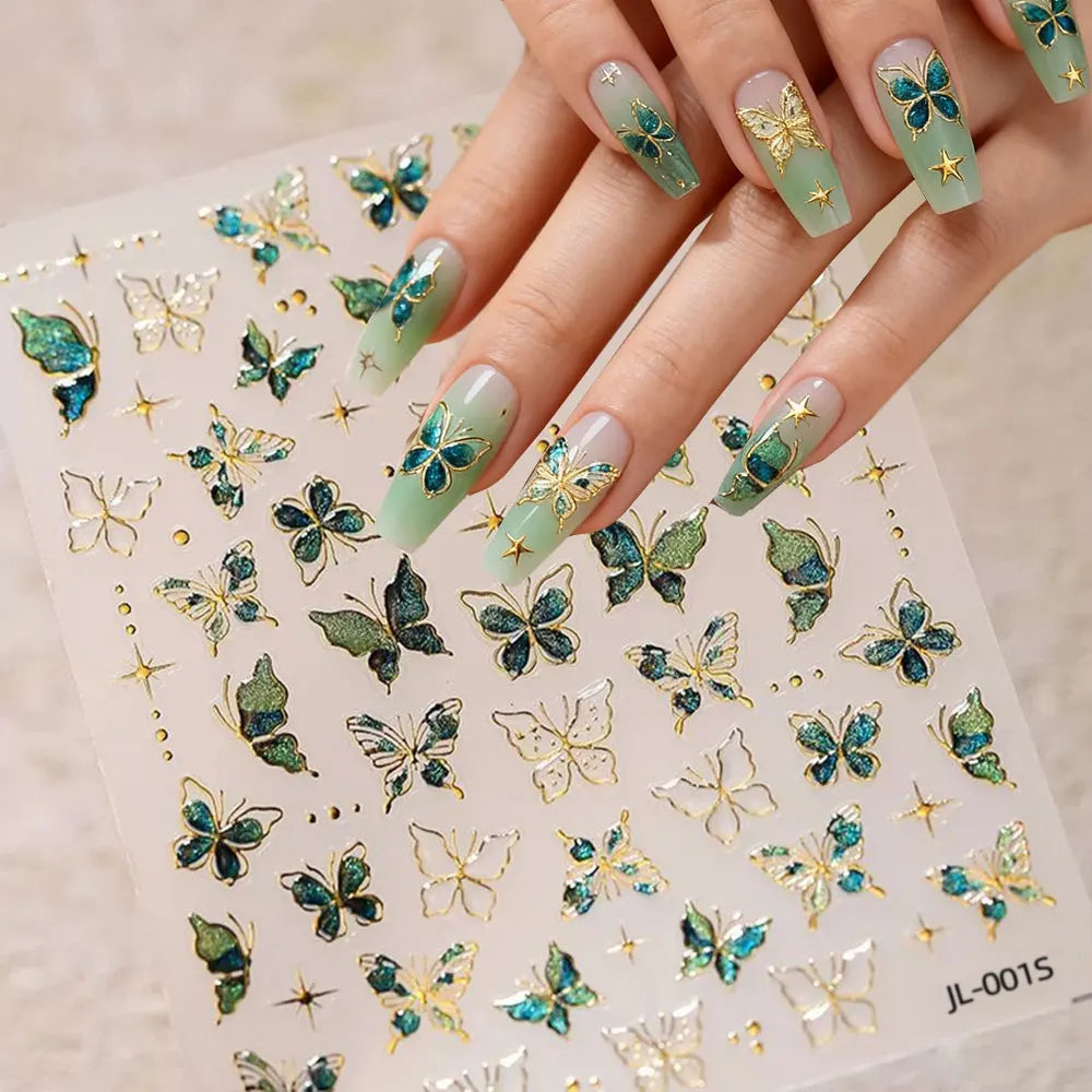 1 Stück 5D Relief Jelly Green Butterfly Nagelaufkleber Bronzing Gold Schmetterlinge Nagelaufkleber Selbstklebend 8*10cm Nail Art Dekoration