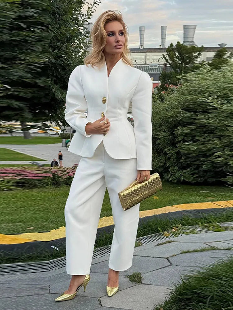 Elegante Anzug Jacke Hosen Set Frauen Schlank V-ausschnitt Puff Sleeve One Button Blazer Solide Gerade Hose 2025, Dame Büro Outfit
