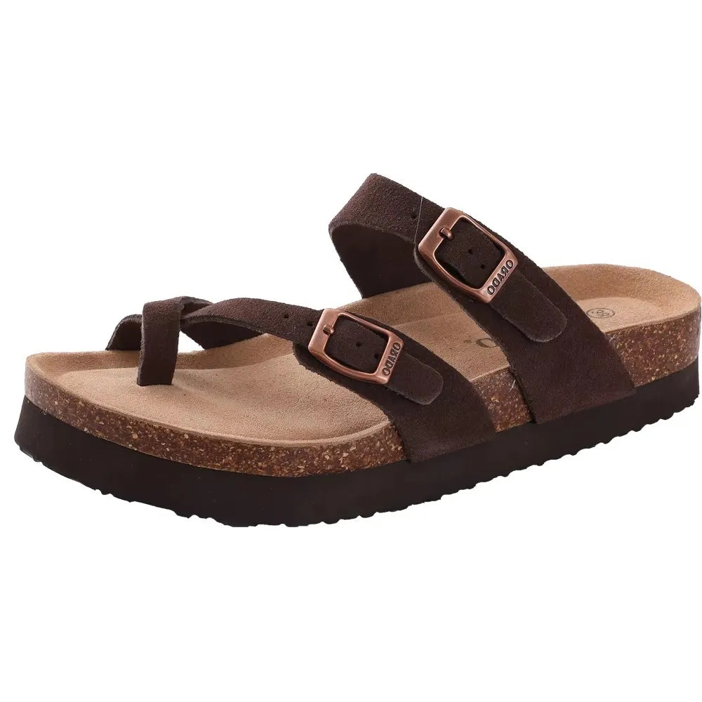 Crestar Damen-Hausschuhe mit Korkfußbett, Sommer-Paar, verstellbare Doppelschnallen, flache Sandalen, Outdoor-Kork-Strandrutschen mit offener Spitze