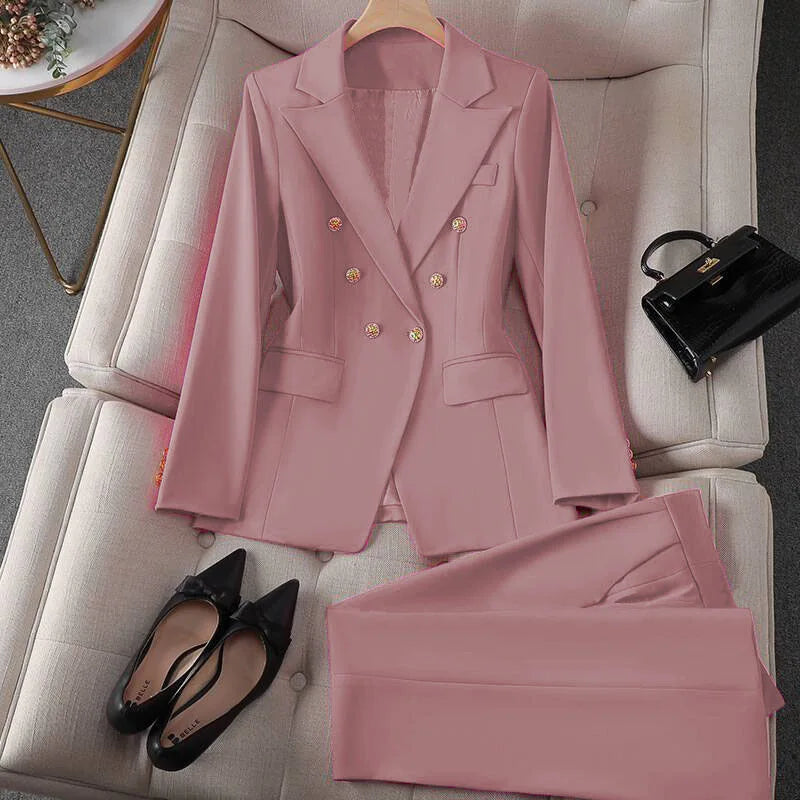 Koreanische Mode 2-Teiliges Set Umlegekragen Blazer Langarm Slim Fit Hosen Damenanzüge Büro-Damenkleidung Hosensets für Frauen