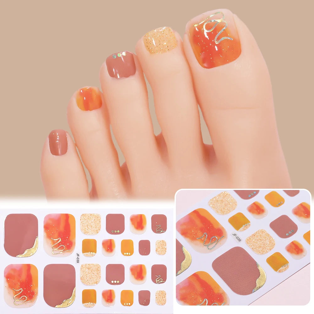 22 Tipps goldene Glitzer-Nagelaufkleber für Füße, 5 Farben, 11 Größen, vollständige Abdeckung, Fußkunst-Aufkleber, einfach zu erreichen, Zehen-Maniküre-Dekoration