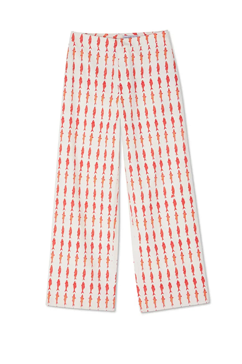 VEITCHE Cartoon Red Fish Print Lange Hosen Set Für Frauen 2025 Sommer Kurzarm Hemd Hohe Taille Breite Bein Hose 2 stück Sets
