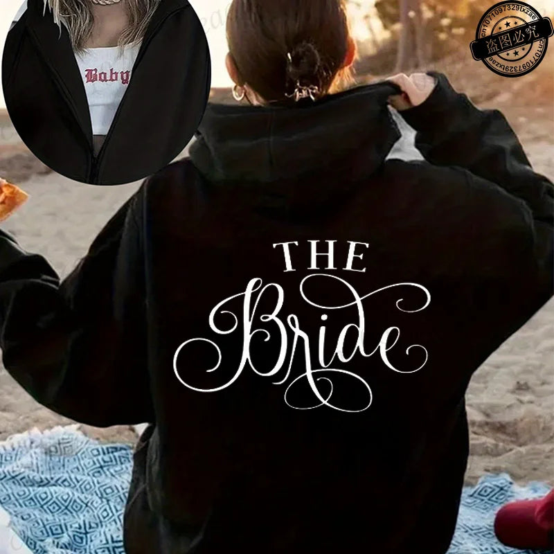 Lustiger Tem Bride Print Damen Kapuzenpullover mit Reißverschluss, Junggesellenabschied, personalisiertes Sweatshirt, Pullover, Kapuzenpullover, Cerveza Sportwear