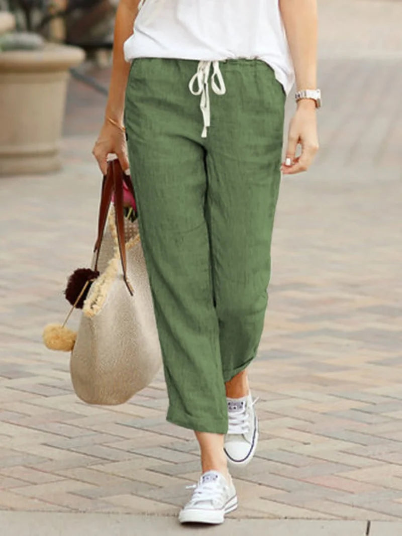 Elegante Feste Schlanke Hose Mode Frauen Kordelzug Abgeschnitten Elastische Taille Gerade Hosen Casual Büro Dame Kommunte Hosen