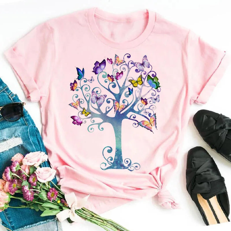 Neue blaue Schmetterling Blumen gedruckt T-Shirt Frauen Sommer lässig Kurzarm O-Ausschnitt Tops 90er Jahre Mode Grafik weibliche Tops T-Shirts