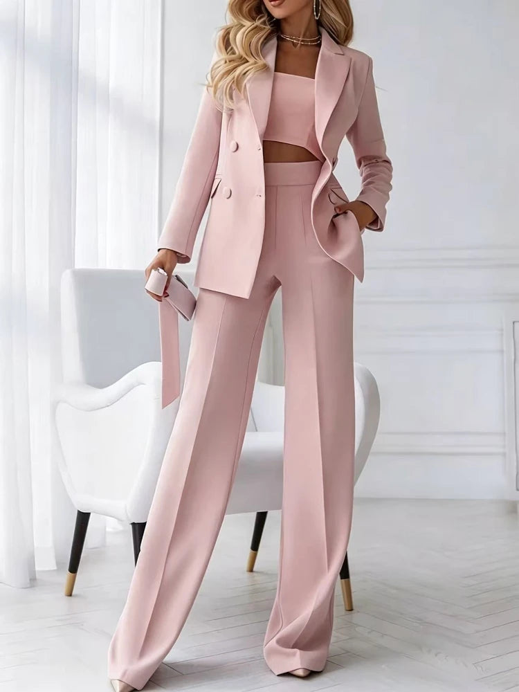 Maßgeschneiderte Damen-Hosenanzüge mit Jacke, 2-teilig, Doppelreihiger Blazer mit spitzem Revers, schmal geschnitten, elegantes Büro-Set für Damen, kompletter Blazer-Anzug