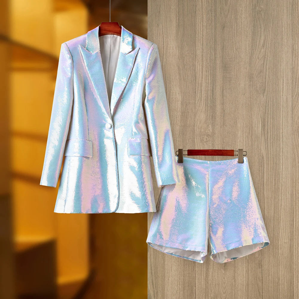 Party Abend Design Glänzende Bling 2PCS Weiß Blazer Shorts Anzüge Europäischen Amerikanischen Stil Pailletten Twin Sets Hohe Qualität