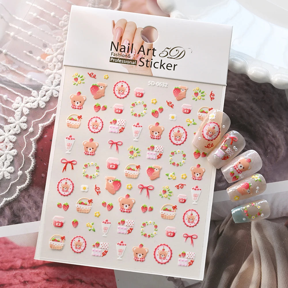 1Pc 5D Geprägte Kawaii Floral Schmetterling Nagel Aufkleber 3D Cartoon Bogen Kaninchen Erdbeere Klebe Aufkleber Urlaub Nagel Sliders
