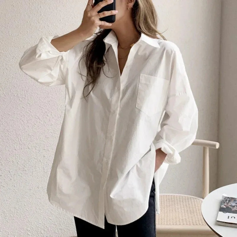 2026 büro Dame Elegante Weiße Casual Plus Größe Blusen Mode Neue Baumwolle Langarm Frauen Hemd Turndown Kragen Tops