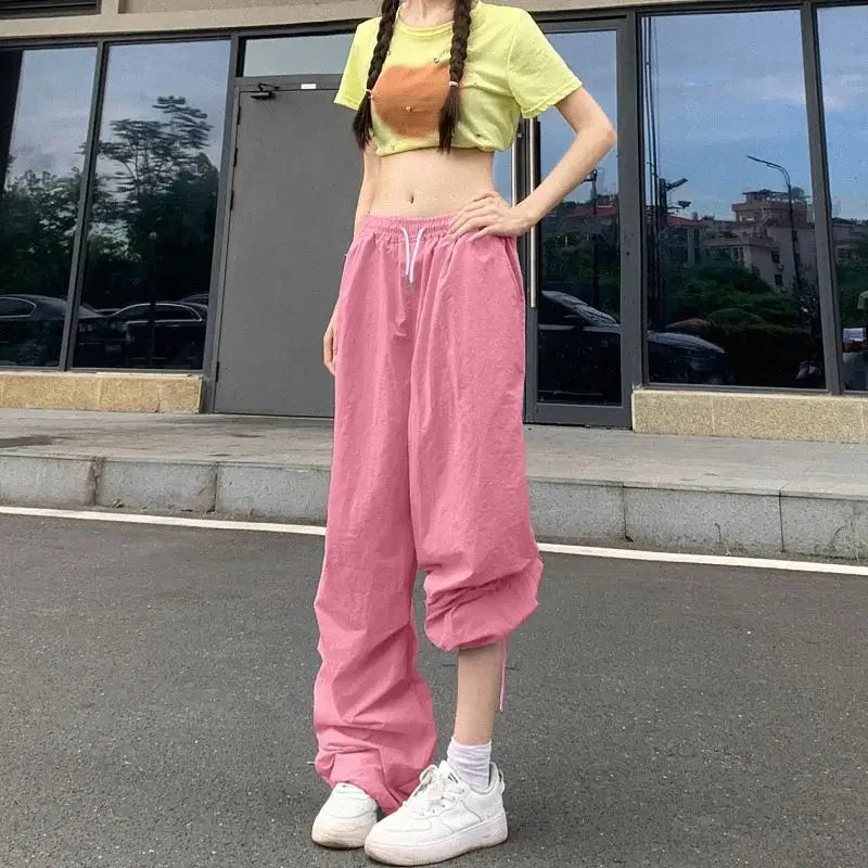 Leichte Dünne Fallschirm Hosen Frauen Kordelzug Hohe Taille Cargo Hosen Frau Harajuku Streetwear Breite Bein Baggy Jogginghose