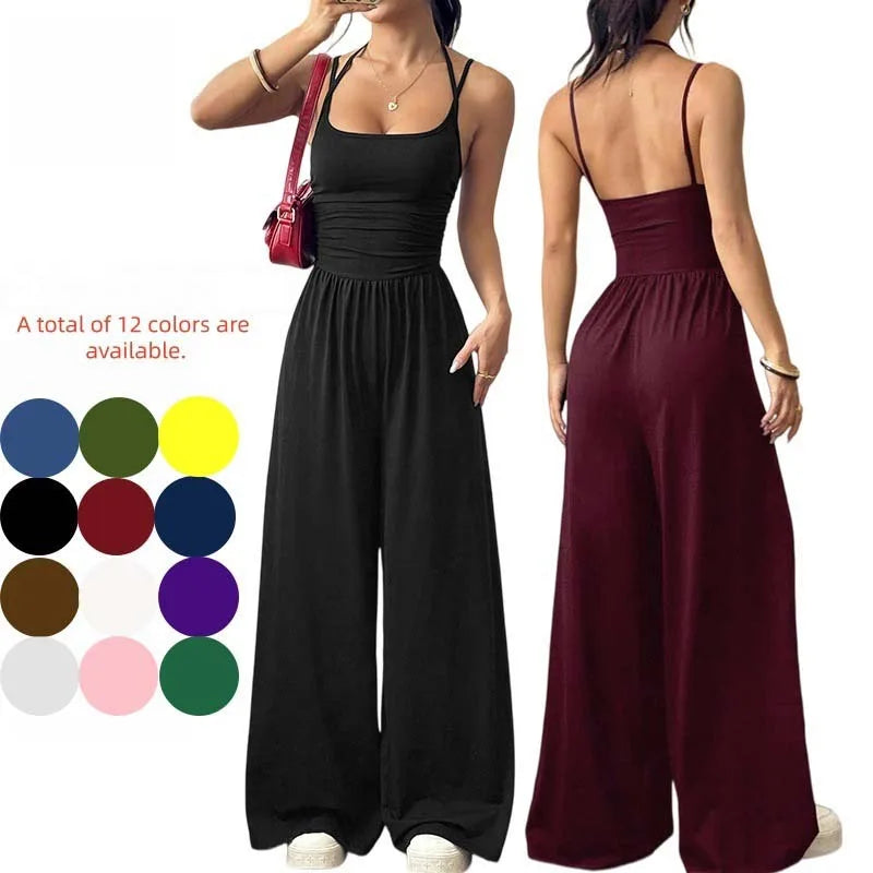 Damen Sommer Schwarz Lässiger Plissierter Lockerer Gerader Jumpsuit Ärmellos Hohe Taille Rückenfreier Overall Einfacher Trägeroverall