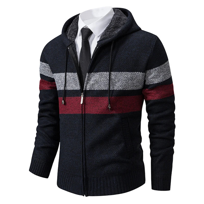 Mann Pullover Strickjacke Streifen Zipper Stricken Jacke Fleece Warme Mit Kapuze Pullover Mantel männer Straße Casual Männliche Jacke Mantel Jumper