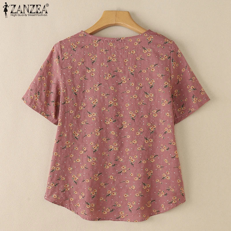 2026 ZANZEA Sommer Bedruckte Bluse Damen Lässige Halbarm-Blumen-Tunika-Oberteile O-Ausschnitt Arbeitshemd Bohemian Loose Fit Urlaubsblusen