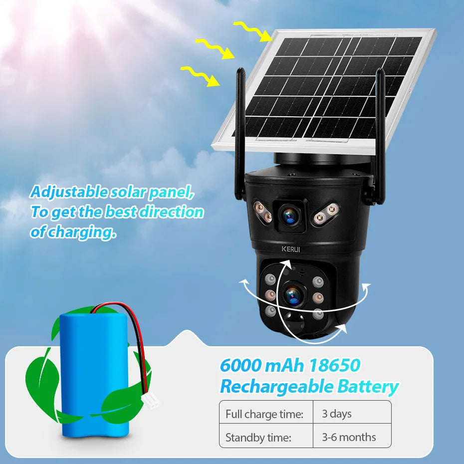 KERUI Outdoor 6MP 4G SIM WIFI Solar Kamera Dual Objektiv Kamera Solar Panel Wasserdicht Home Security CCTV Video überwachung V380