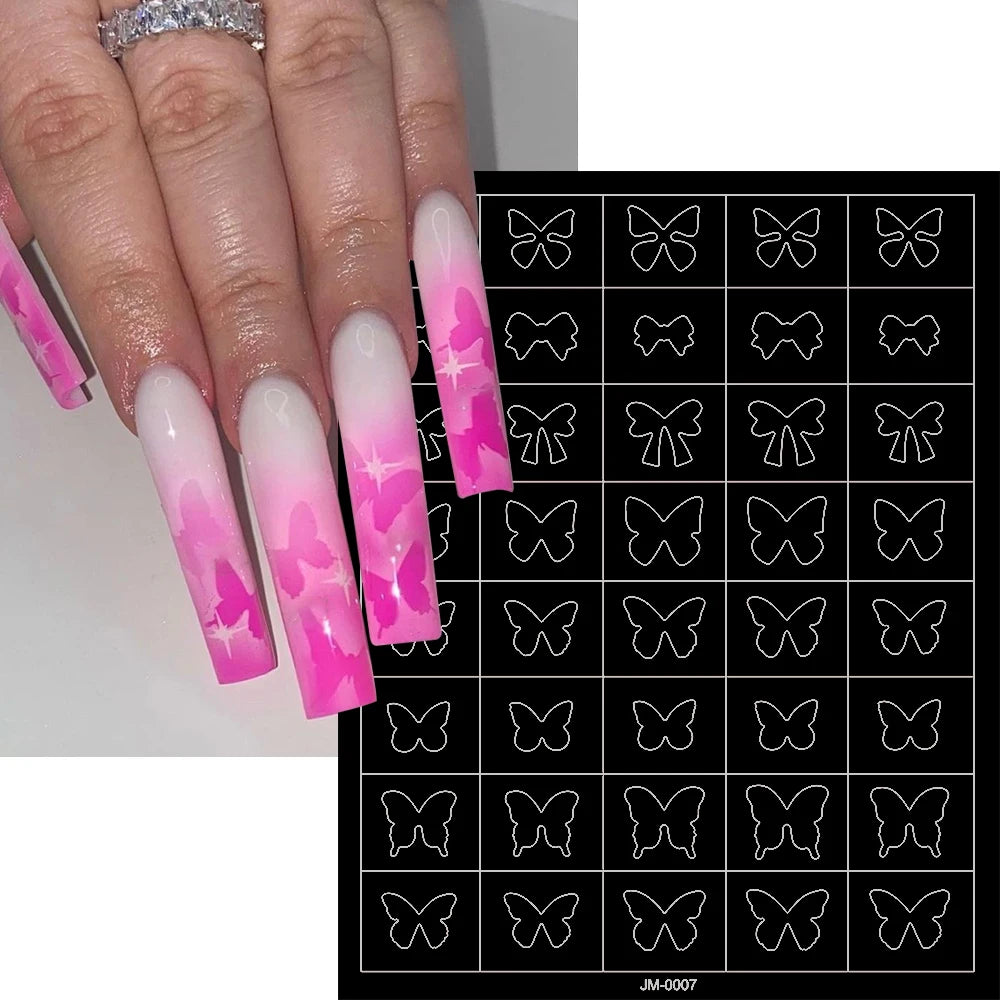 24 Muster Airbrush-Schablonen, Nagelkunst-Aufkleber, hohler Schmetterling/Blume/Schleife/Französische Liniendruckschablonen, Nagelaufkleber, DIY-Werkzeuge