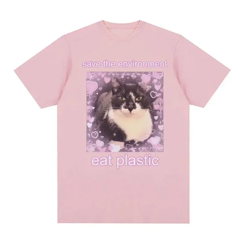 T-shirt Lustige Frauen Oansatz Kleidung T-shirts T-shirt Die Umwelt Essen Kunststoff Nette Katze Grafik Sommer Kurzarm Harajuku