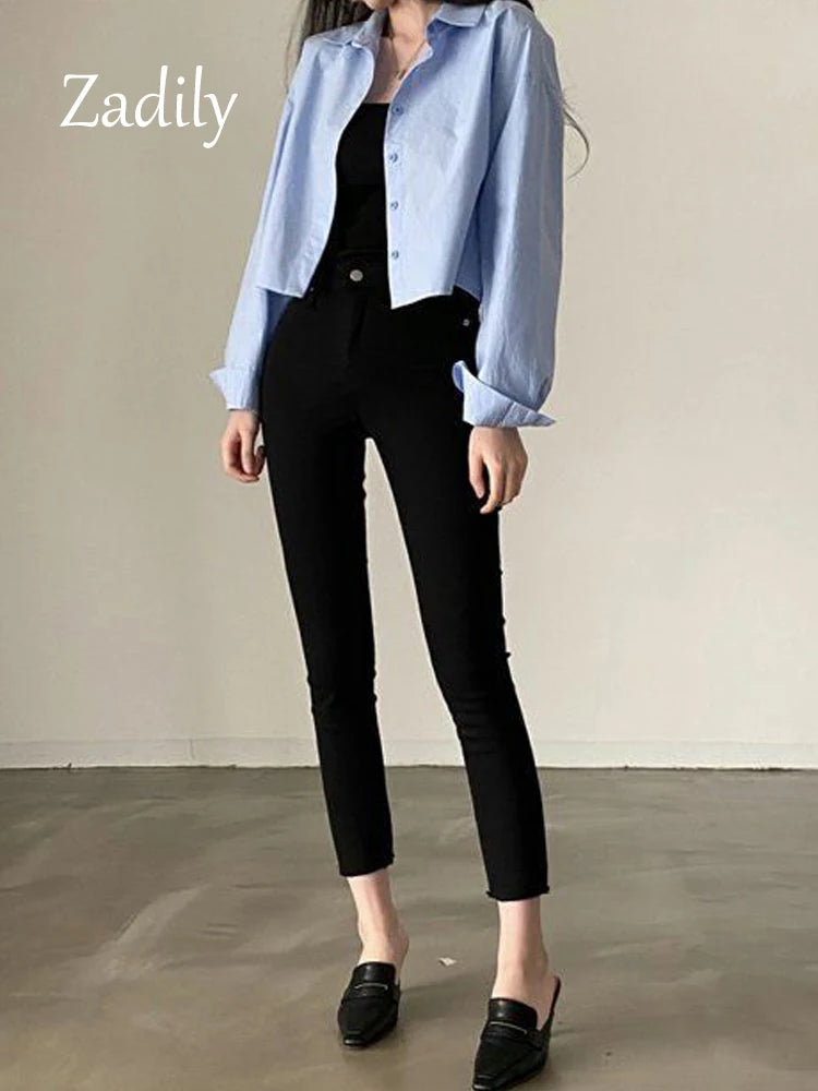 2026 Sommer Neue Damen Weiße Langarm-Bluse Lässiger Korea-Stil Einfarbig Knopfleiste Crop-Top Bluse für Partys