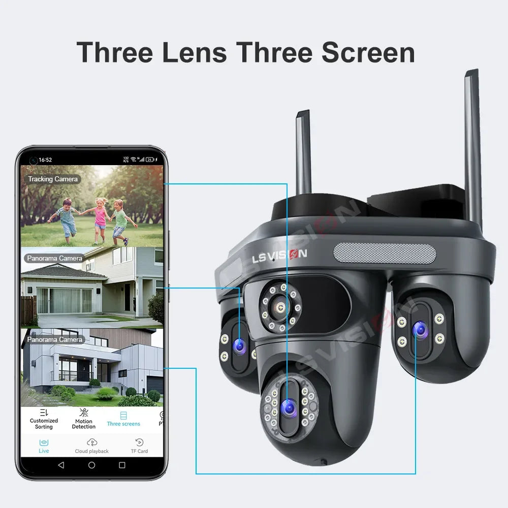 LS VISION 15 MP WLAN-Kamera mit drei Bildschirmen für den Außenbereich, drei 360° ° Rotation PTZ IP Kamera Human Auto Tracking Videoüberwachung Cam CCTV