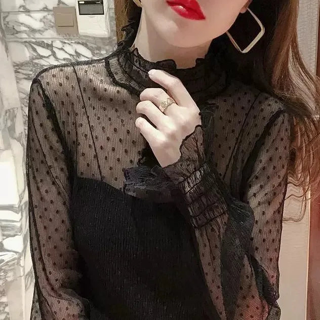 Elegante Damen-Bluse mit Hohem Kragen und Polka Dots, Mesh-Spitzenbesatz, Puffärmel, Schlanke Passform, Büro-Damenmode, Tägliche Oberteile