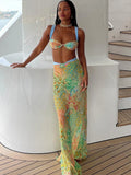 Nibber Sommer Strand Party 2-teiliges Set Damen Buntes Druck-BH-Tops + hohle Maxiröcke mit hoher Taille Passende Mitternachts-Clubwear