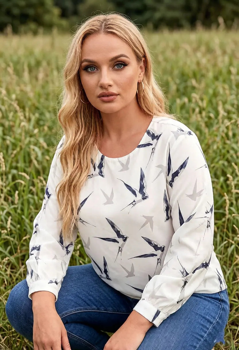 Damen-Bluse mit Vogelmuster, Chiffon-Oberteil, 3/4-Ärmel, Rundhalsausschnitt, lässiges, locker sitzendes Sommerhemd