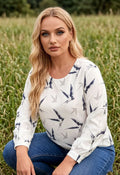 Damen-Bluse mit Vogelmuster, Chiffon-Oberteil, 3/4-Ärmel, Rundhalsausschnitt, lässiges, locker sitzendes Sommerhemd