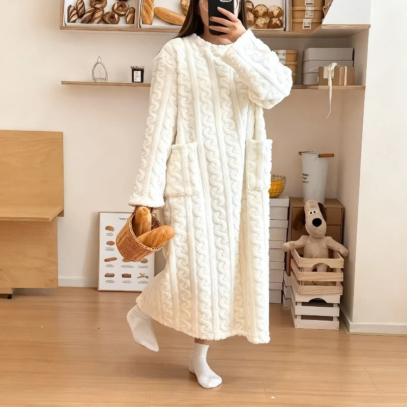 Frauen Korallen Fleece Nachtwäsche Herbst Winter Verdickt Warme Lose Lange Robe Pyjamas Homewear Casual Oberbekleidung Nachthemd