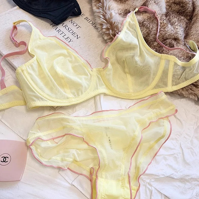 Elegantes Minimizer-BH-Set im französischen Design, modische Dreiecksschalen, strukturelle Unterstützung, ultradünnes, weiches Mesh-Dessous-Set, MOYISU Sexy Tushy