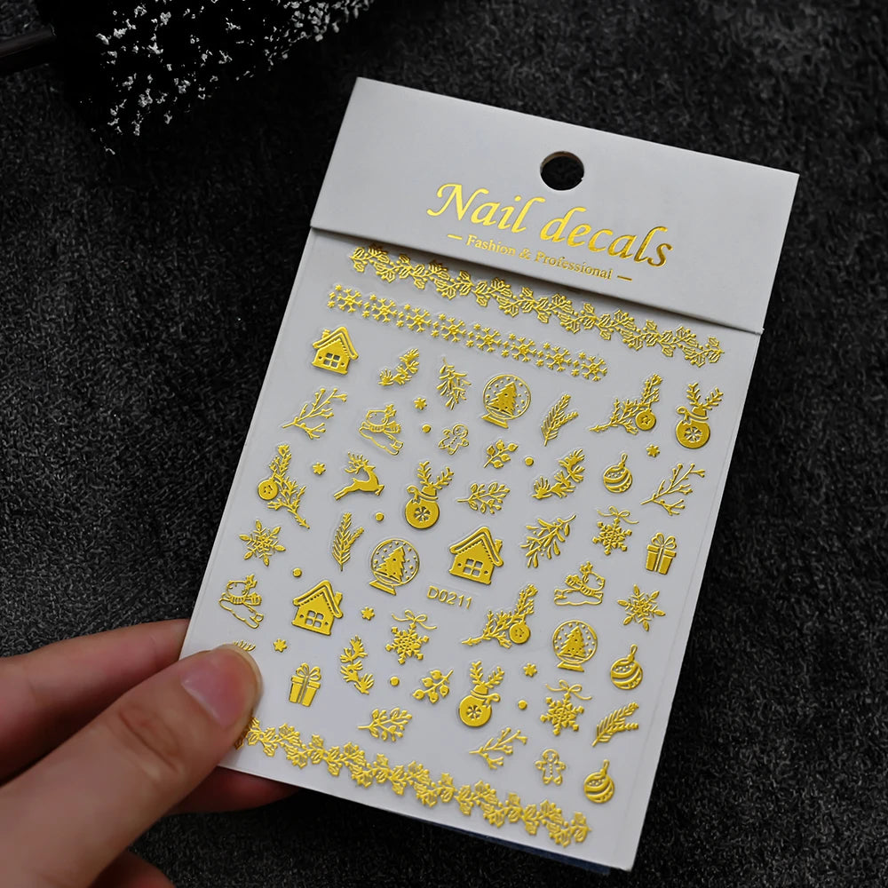 5D Goldprägung Schleife Ball Hirsch Weihnachten Nagelaufkleber Glänzender Kranz Weihnachtsbaum Kristall Nagelaufkleber Winter Nageldekoration