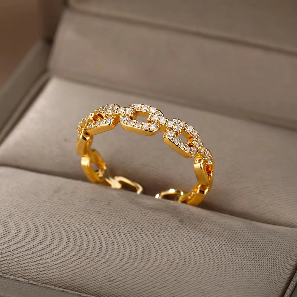 Luxus Zirkon Twist Kette Offene Ringe Für Frauen Edelstahl Gold Farbe Geometrische Ring Vintage Ästhetischen Schmuck Geschenk femme