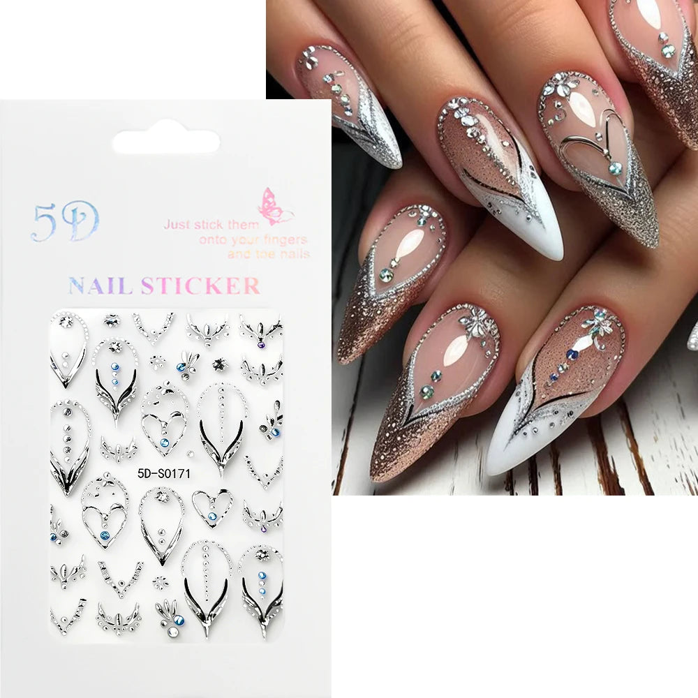 5D Laser French Silver Nagelaufkleber mit glänzenden Diamanten, Herz-/V-förmige Laser-Nagelkunst-Sticker, selbstklebende Maniküre-Dekoration