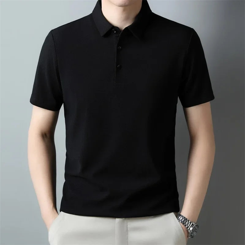 Neues lässiges Waffel-Kurzarm-Poloshirt für Herren, modisches einfarbiges Oberteil