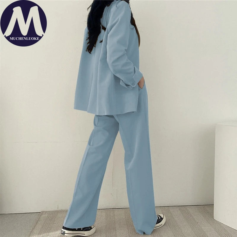 Koreanisches Damenmode-Zweiteiler-Set, Langarm-Blazer und weit geschnittene Hose, Büro, Freizeit, lockerer Schnitt, Frühling, Herbst, neuer Stil
