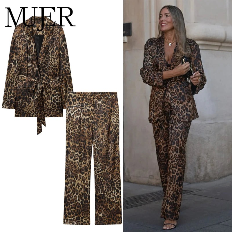MUJER Blazer mit Leopardenmuster, Damen-Outfit, gerades Bein, Hosen-Sets für Damen, 2-teilig, Jacquard-Büro-Blazer, Damen-Hosenanzug