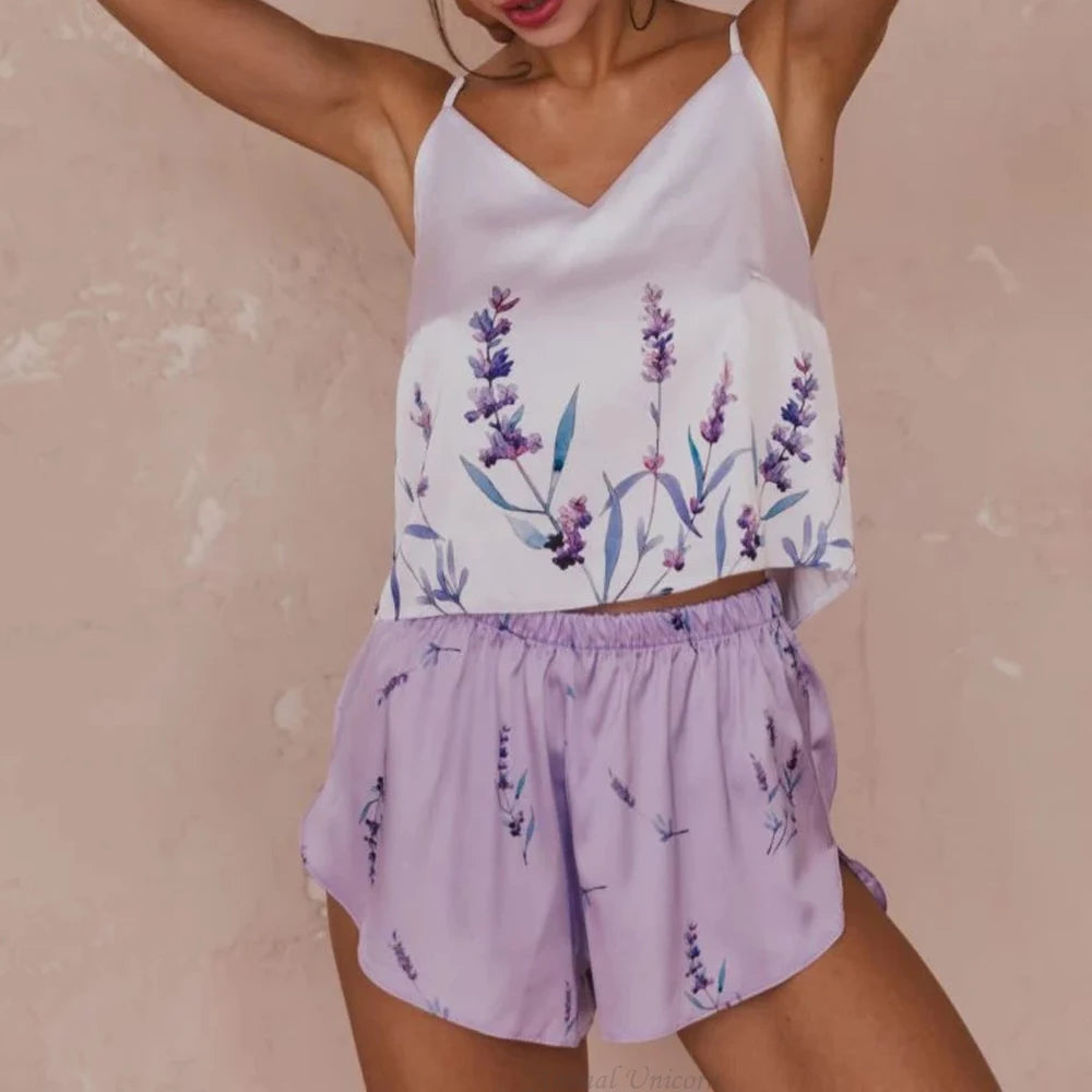 Lavendel Print Damen Sommer sexy Pyjama hose Set 3 Stück Satin mit Seide Nachtwäsche Robe Mode und bequeme Nachtwäsche