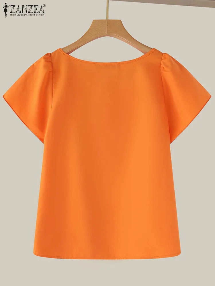 ZANZEA Koreanische Rüschen Rundhals Bluse Frauen Elegante Patchwork Party Tops Shirts 2024 Herbst Vintage Chiffon Kurzarm Tuniken