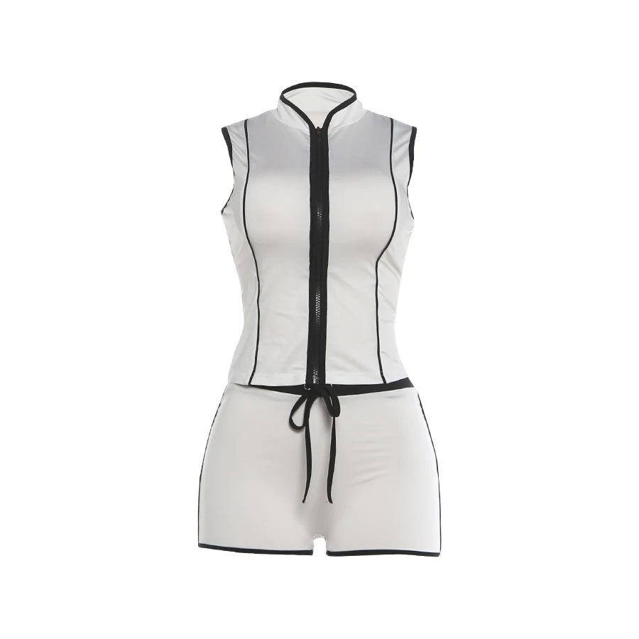 Kliou Kontrast-Patchwork 2-teiliges Set Damen Sommer-Trend Reißverschluss-Cardigan Tanktops+Shorts mit Kordelzug Täglicher Lässiger Sportlicher Stil Anzüge