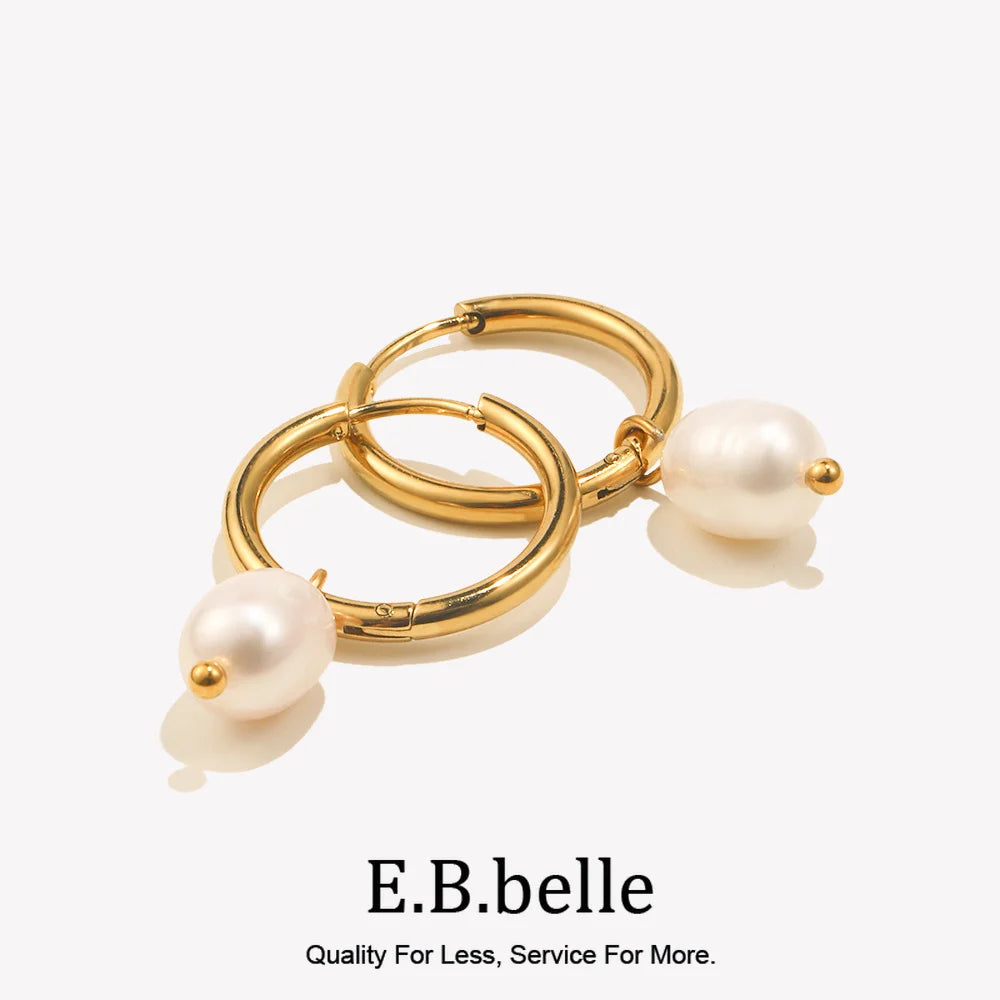E.B.belle Minimalistische Edelstahl-Kreolen mit Süßwasserperlen-Anhängern für Mädchen und Damen, Trendiger Modeschmuck 2026 Perlenohrringe