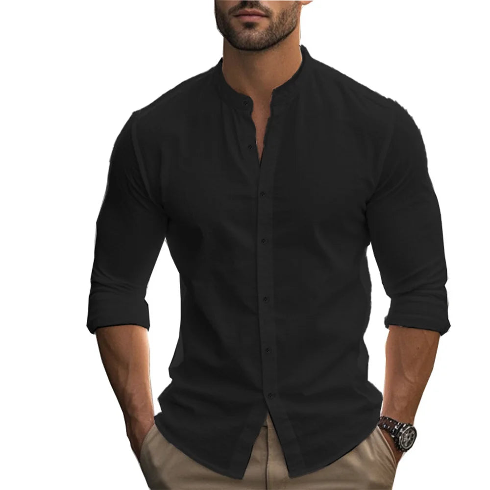 Henry-Hemden für Herren, Baumwolle, Leinen, schmale Passform, kausal, hawaiianisch, einfarbig, Basic-Stil, Frühling und Sommer, atmungsaktive Herrenbekleidung