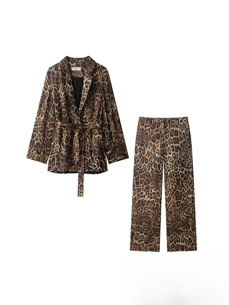 KONDALA Vintage Leopardenmuster Damenanzüge V-Ausschnitt Schärpen Langarm Übergroßer Blazer + Hose mit weitem Bein Mode 2025, Herbstanzüge