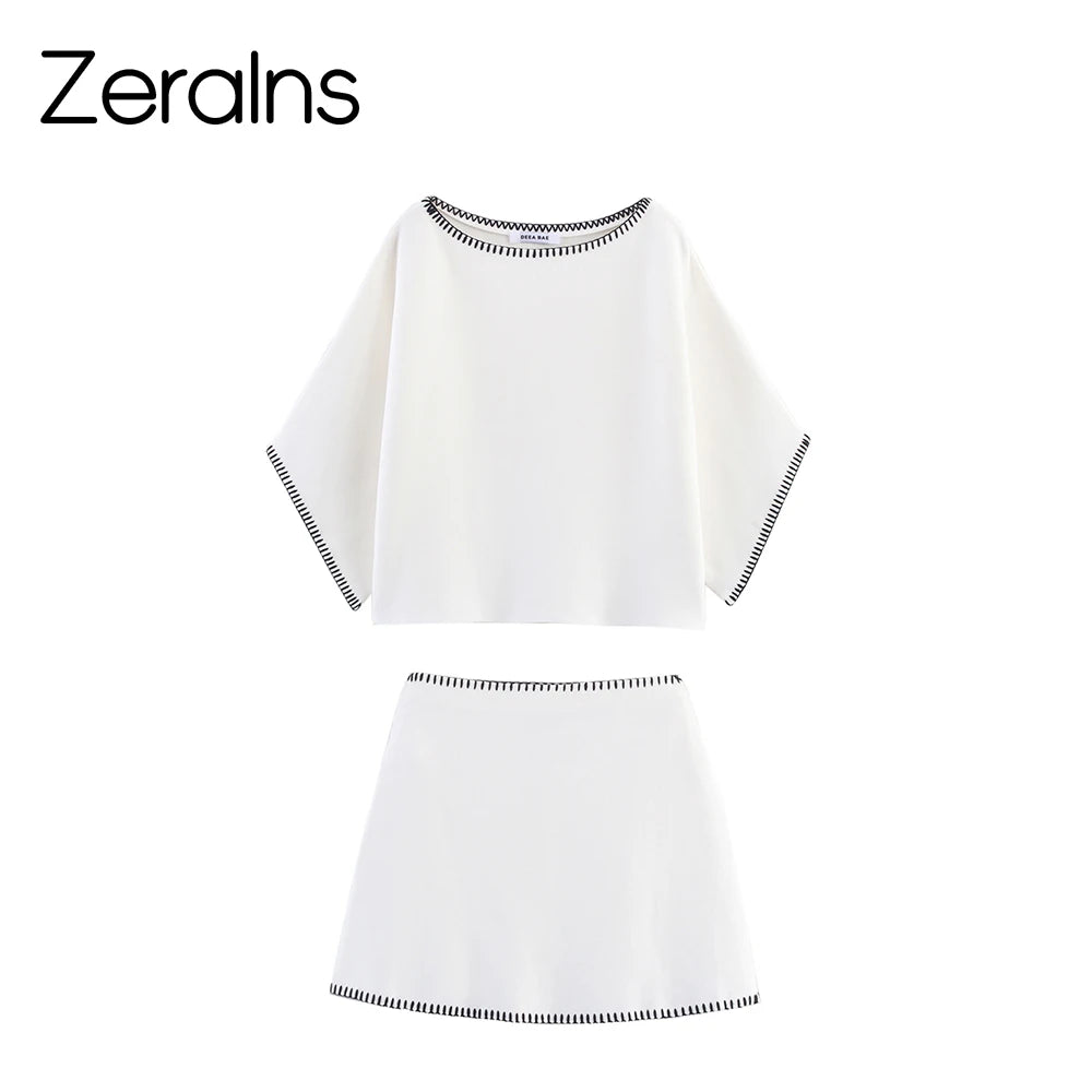 ZERAINS Damen Herbst Neue Kollektion Farbkontrast Gesticktes Rundhals-Strickhemd Gestricktes Halbrock-Set